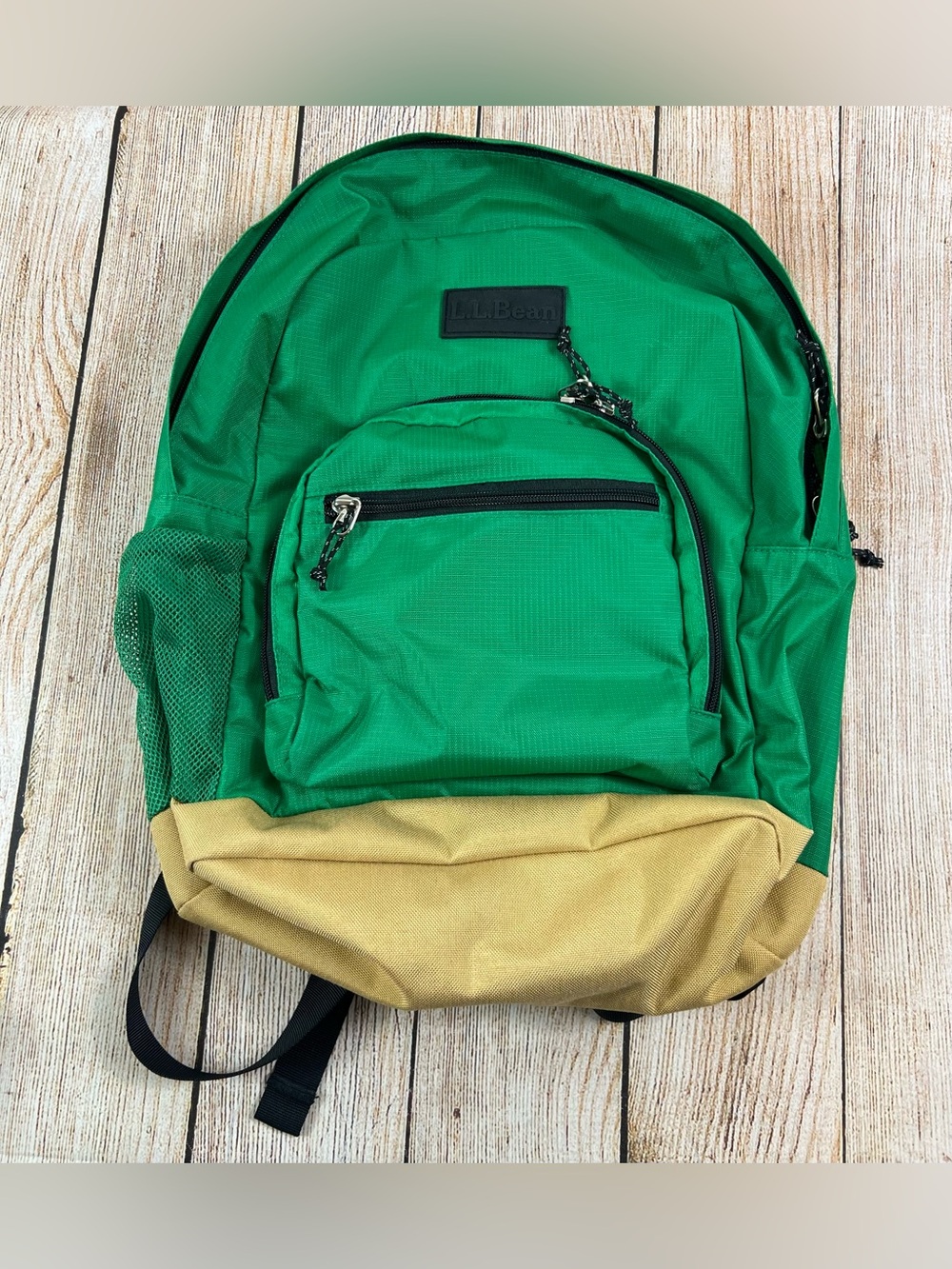 LL Bean Green Tan Nylon Backpack Bag